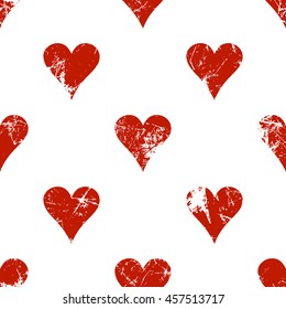 Vector seamless patterns with icons of playings cards. Creative geometric red and white grunge backgrounds. Texture with cracks, scratches, attrition. Series of Gaming, Gambling Seamless Patterns.