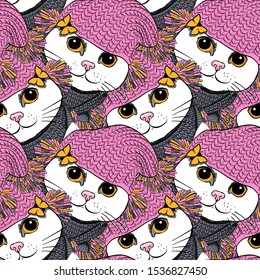 Vector seamless patterns with illustration of pretty white cat. Print on T-shirts, bags  and and other fashion products. Design children's clothing and accessories. 