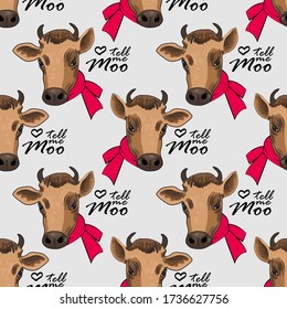 Vector seamless patterns with illustration of pretty cow. Print on T-shirts, bags  and and other fashion products. 