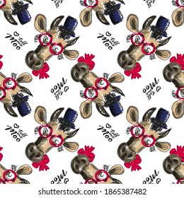 Vector seamless patterns with illustration of pretty cow with glasses and cylinder hat. Print on T-shirts, bags  and and other fashion products. 