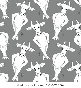Vector seamless patterns with illustration of white pretty cow. Print on T-shirts, bags  and and other fashion products. 