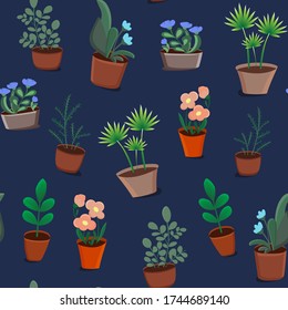 Vector seamless. patterns. Indoor plants in pots. Flowers and leaves. The concept of family values ​​of home comfort. For paper, cover, fabric, gift wrap, wall art, interior decoration