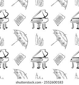 vector seamless patterns of line art elements on the theme of wedding