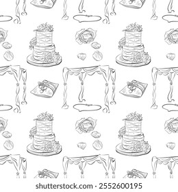 vector seamless patterns of line art elements on the theme of wedding