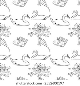 vector seamless patterns of line art elements on the theme of wedding
