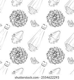 vector seamless patterns of line art elements on the theme of wedding