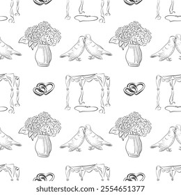 vector seamless patterns of line art elements on the theme of wedding - two doves, bouquet, hearts, wedding tent
