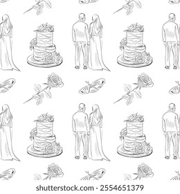 vector seamless patterns of line art elements on the theme of wedding - bride and groom, wedding cake, flowers