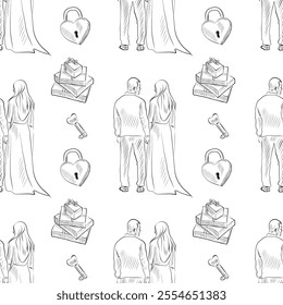 vector seamless patterns of line art elements on the theme of wedding - bride and groom, gifts, lock and key