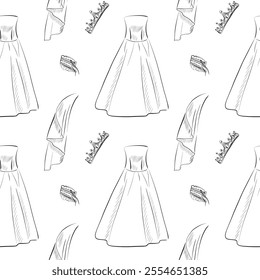 vector seamless patterns of line art elements on the theme of wedding - bride s outfit - dress, tiara, veil