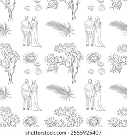 vector seamless patterns of line art elements on the theme of wedding - bride and groom, tree, rose petals, feather