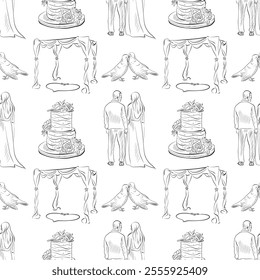 vector seamless patterns of line art elements on the theme of wedding - bride and groom, cake, wedding tent, doves