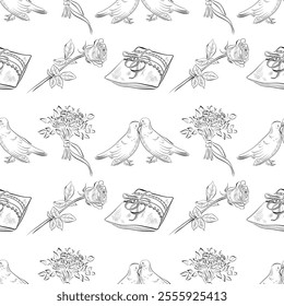 vector seamless patterns of line art elements on the theme of wedding - doves, bouquet, rings on a pillow, rose
