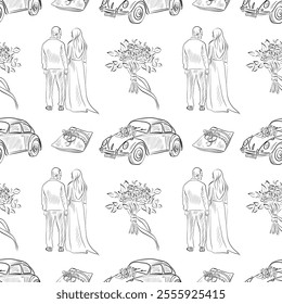 vector seamless patterns of line art elements on the theme of wedding - bride and groom, bouquet, rings, car