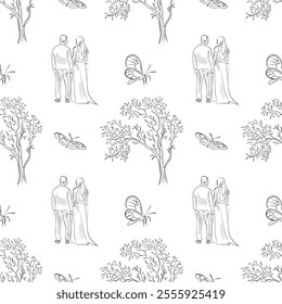 vector seamless patterns of line art elements on the theme of wedding - bride and groom, tree, butterflies