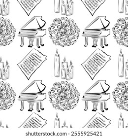 vector seamless patterns of line art elements on the theme of wedding - piano, candles, notes, bouquet