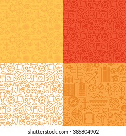 Vector seamless patterns with linear icons and signs related to travel and sea - abstract textures and backgrounds for travel agencies websites and banners