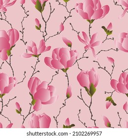 Vektornahtlose Muster von Magnolienblumen mit Ästen und Blättern. Botanische Illustration für Tapeten, Textilien, Bekleidung, Papier, Postkarten