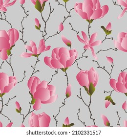 patrones vectoriales sin fisuras de flores de magnolia con ramas y hojas. Ilustración botánica para papel de pared, textiles, tela, ropa, papel, postales