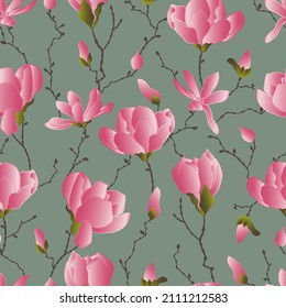 vector seamless patterns of magnolia flowers with branches and leaves. Botanical illustration for wallpaper, textile, fabric, clothing, paper, postcards