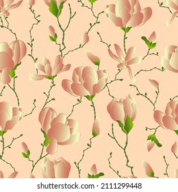 vector seamless patterns of magnolia flowers with branches and leaves. Botanical illustration for wallpaper, textile, fabric, clothing, paper, postcards