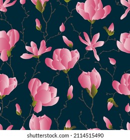 vector seamless patterns of magnolia flowers with branches and leaves. Botanical illustration for wallpaper, textile, fabric, clothing, paper, postcards