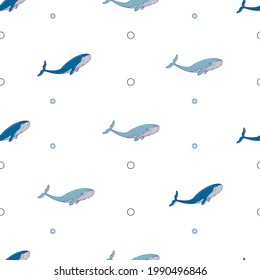 Vector seamless patterns with marine theme. Blue whale doodle print. Summer pattern. Creative texture for birthday, scrapbooking, T-shirt, cards