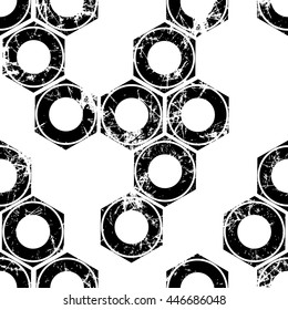 Vector seamless patterns with mechanism of screw nuts. Creative geometric black and white grunge backgrounds. Texture with cracks, ambrosia, scratches, attrition. Graphic illustration.  