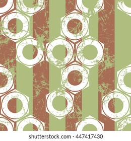 Vector seamless patterns with mechanism of screw nuts and stripes. Creative geometric beige pastel  grunge backgrounds. Texture with cracks, ambrosia, scratches, attrition. Graphic illustration.  