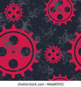 Vector seamless patterns with mechanism of watch. Creative geometric black and red grunge backgrounds with gear wheel. Texture with cracks, ambrosia, scratches, attrition. Graphic illustration.  