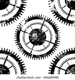 Vector seamless patterns with mechanism of watch. Creative geometric black and white grunge backgrounds with gear wheel. Texture with cracks, ambrosia, scratches, attrition. Graphic illustration.  