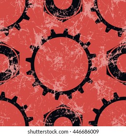 Vector seamless patterns with mechanism of watch. Creative geometric black and red grunge backgrounds with gear wheel. Texture with cracks, ambrosia, scratches, attrition. Graphic illustration.  