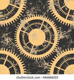 Vector seamless patterns with mechanism of watch. Creative geometric brown grunge backgrounds with gear wheel. Texture with cracks, ambrosia, scratches, attrition. Graphic illustration.  