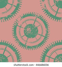 Vector seamless patterns with mechanism of watch. Creative geometric pink grunge backgrounds with green gear wheel. Texture with cracks, ambrosia, scratches, attrition. Graphic illustration.  