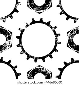 Vector seamless patterns with mechanism of watch. Creative geometric black and white grunge backgrounds with gear wheel. Texture with cracks, ambrosia, scratches, attrition. Graphic illustration.  