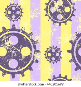 Vector seamless patterns with mechanism of watch. Creative geometric blue, yellow grunge backgrounds with gear wheel. Texture with cracks, ambrosia, scratches, attrition. Graphic illustration.  