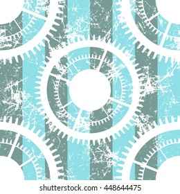 Vector seamless patterns with mechanism of watch. Creative geometric blue, white grunge backgrounds with gear wheel. Texture with cracks, ambrosia, scratches, attrition. Graphic illustration.  
