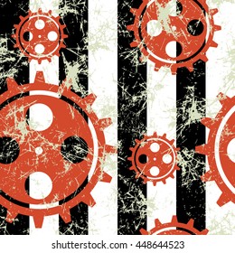 Vector seamless patterns with mechanism of watch. Creative geometric black, white, red grunge backgrounds with gear wheel. Texture with cracks, ambrosia, scratches, attrition. Graphic illustration.  