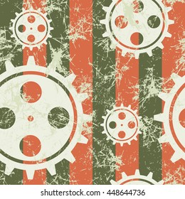 Vector seamless patterns with mechanism of watch. Creative geometric pastel coral grunge backgrounds with gear wheel. Texture with cracks, ambrosia, scratches, attrition. Graphic illustration.  
