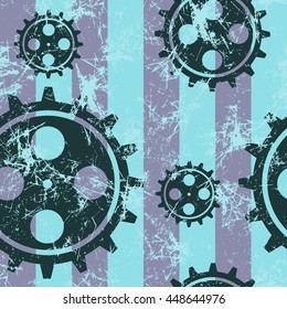 Vector seamless patterns with mechanism of watch. Creative geometric blue grunge backgrounds with gear wheel. Texture with cracks, ambrosia, scratches, attrition. Graphic illustration.  