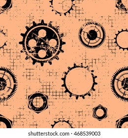 Vector seamless patterns with mechanism of watch. Creative geometric coral grunge backgrounds with gear wheel. Texture with cracks, ambrosia, scratches, attrition. Graphic illustration.  