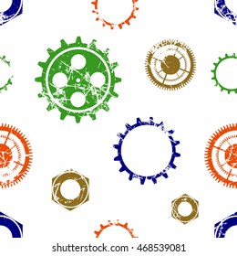 Vector seamless patterns with mechanism of watch. Creative geometric colorful grunge backgrounds with gear wheel. Texture with cracks, ambrosia, scratches, attrition. Graphic illustration.  
