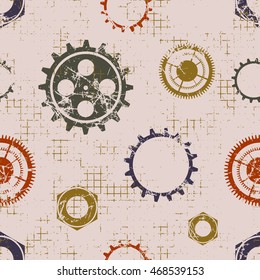 Vector seamless patterns with mechanism of watch. Creative geometric beige grunge backgrounds with gear wheel.Graphic vector illustration. Series of vector grunge seamless backgrounds 