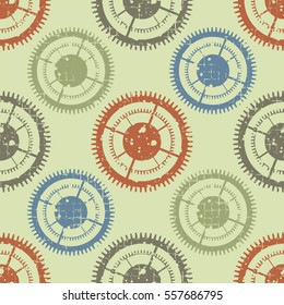 Vector seamless patterns with mechanism of watch. Creative geometric grunge backgrounds with gear wheel. Texture with cracks, ambrosia, scratches, attrition. Graphic illustration.
