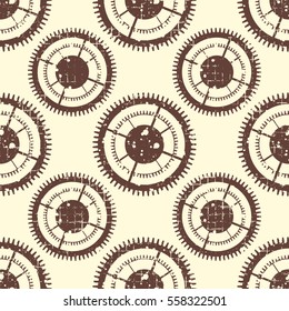 Vector seamless patterns with mechanism of watch. Creative geometric grunge backgrounds with gear wheel. Texture with cracks, ambrosia, scratches, attrition. Graphic illustration.