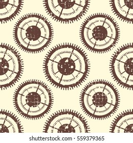 Vector seamless patterns with mechanism of watch. Creative geometric grunge backgrounds with gear wheel. Texture with cracks, ambrosia, scratches, attrition. Graphic illustration..