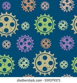 Vector seamless patterns with mechanism of watch. Creative geometric grunge backgrounds with gear wheel. Texture with cracks, ambrosia, scratches, attrition. Graphic illustration..