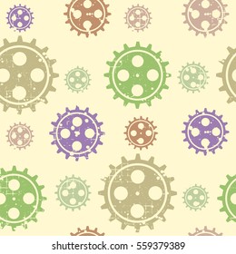 Vector seamless patterns with mechanism of watch. Creative geometric grunge backgrounds with gear wheel. Texture with cracks, ambrosia, scratches, attrition. Graphic illustration..