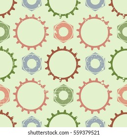 Vector seamless patterns with mechanism of watch. Creative geometric grunge backgrounds with gear wheel. Texture with cracks, ambrosia, scratches, attrition. Graphic illustration..