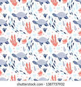 Vector seamless patterns with  ocean creatures - fish,  turtles, corals, seaweed.  Hand Drawn turtles under water  illustration